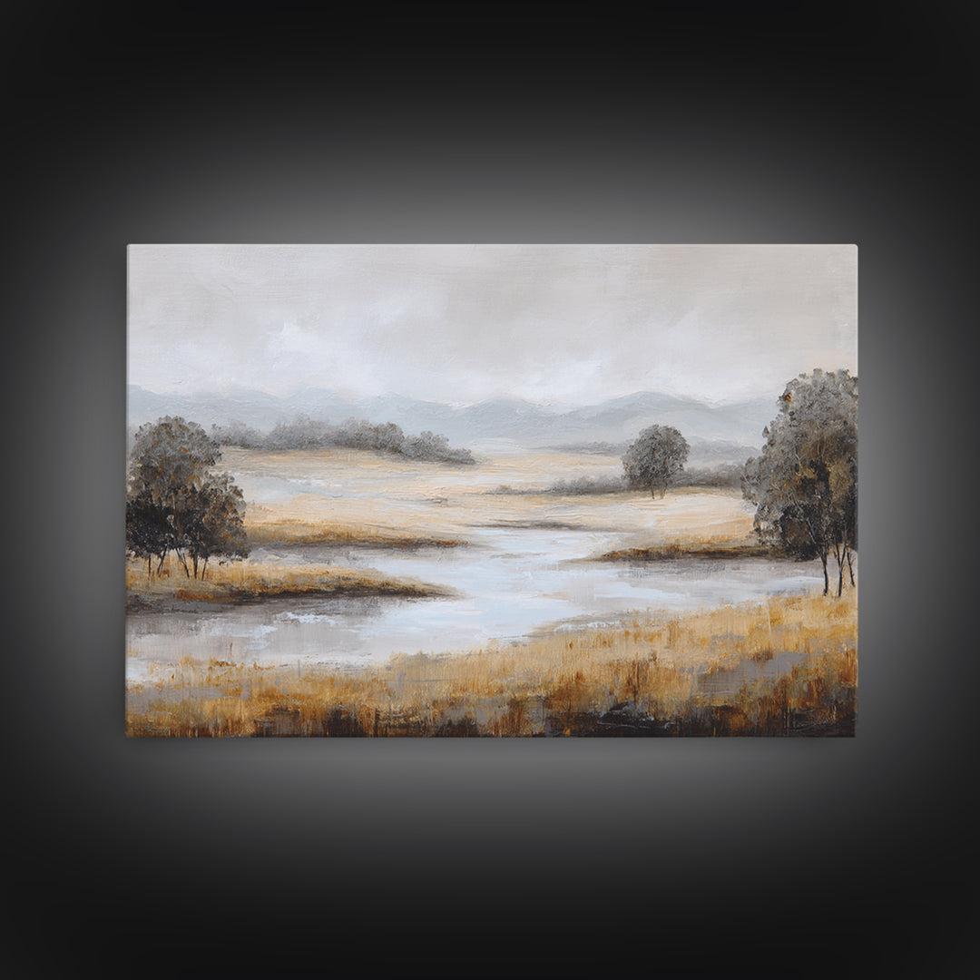 Misty Bridge Landscape Framed Canvas Print, Black and White Art, Printable, Living Room Decor, Monochrome, Retro Wall Art, BAW-3x2-95