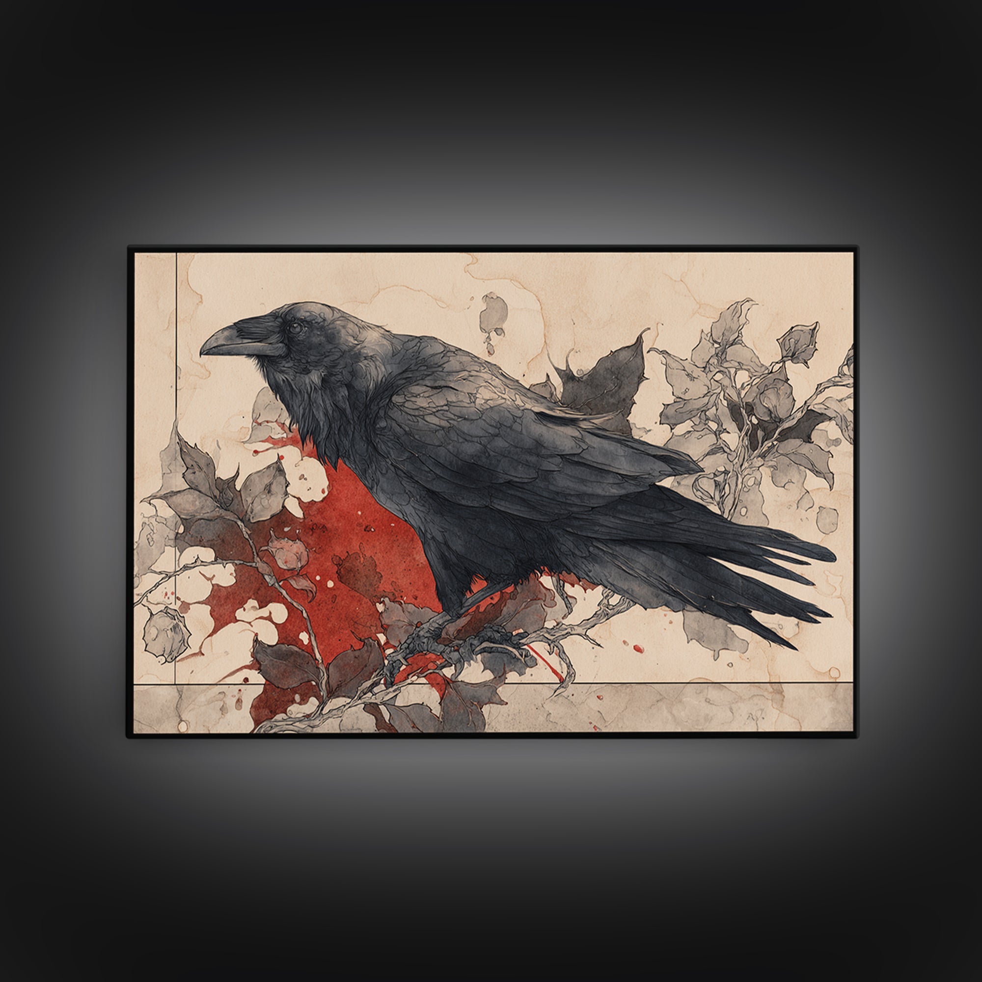 Ink Splatter Raven Composition Framed Canvas Print, Black and White Art, Halloween Decor, Living Room Decor, Monochrome, BAW-3x2-96