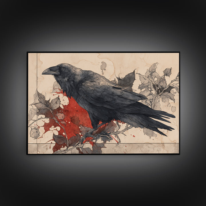 Ink Splatter Raven Composition Framed Canvas Print, Black and White Art, Halloween Decor, Living Room Decor, Monochrome, BAW-3x2-96