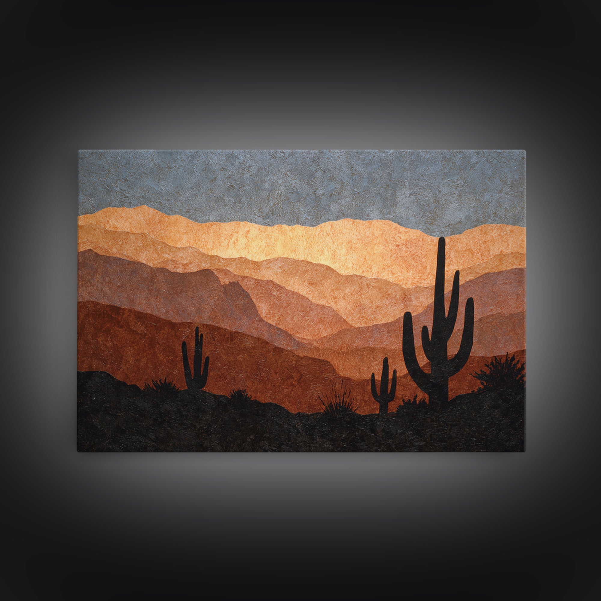 Monochrome Desert Cactus Silhouette Framed Canvas Print, Black and White Art, Luxury Decor, Living Room Decor, Monochrome, BAW-3x2-97