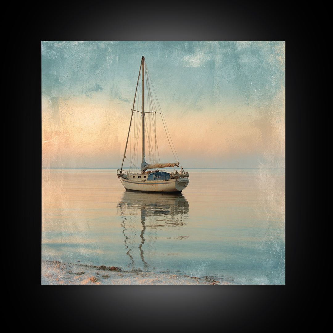 Sunset Sailboat Silhouette on Calm Water Canvas Print, Beach Art, Modern Art, Coastal Decor, Oil Painting, Shore, Luxury Decor, BEA-1x1-30