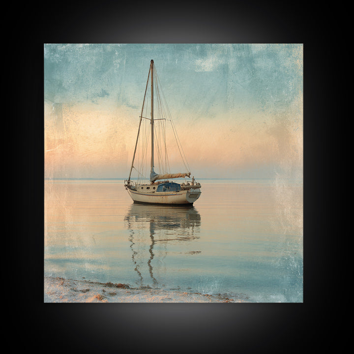 Sunset Sailboat Silhouette on Calm Water Canvas Print, Beach Art, Modern Art, Coastal Decor, Oil Painting, Shore, Luxury Decor, BEA-1x1-30
