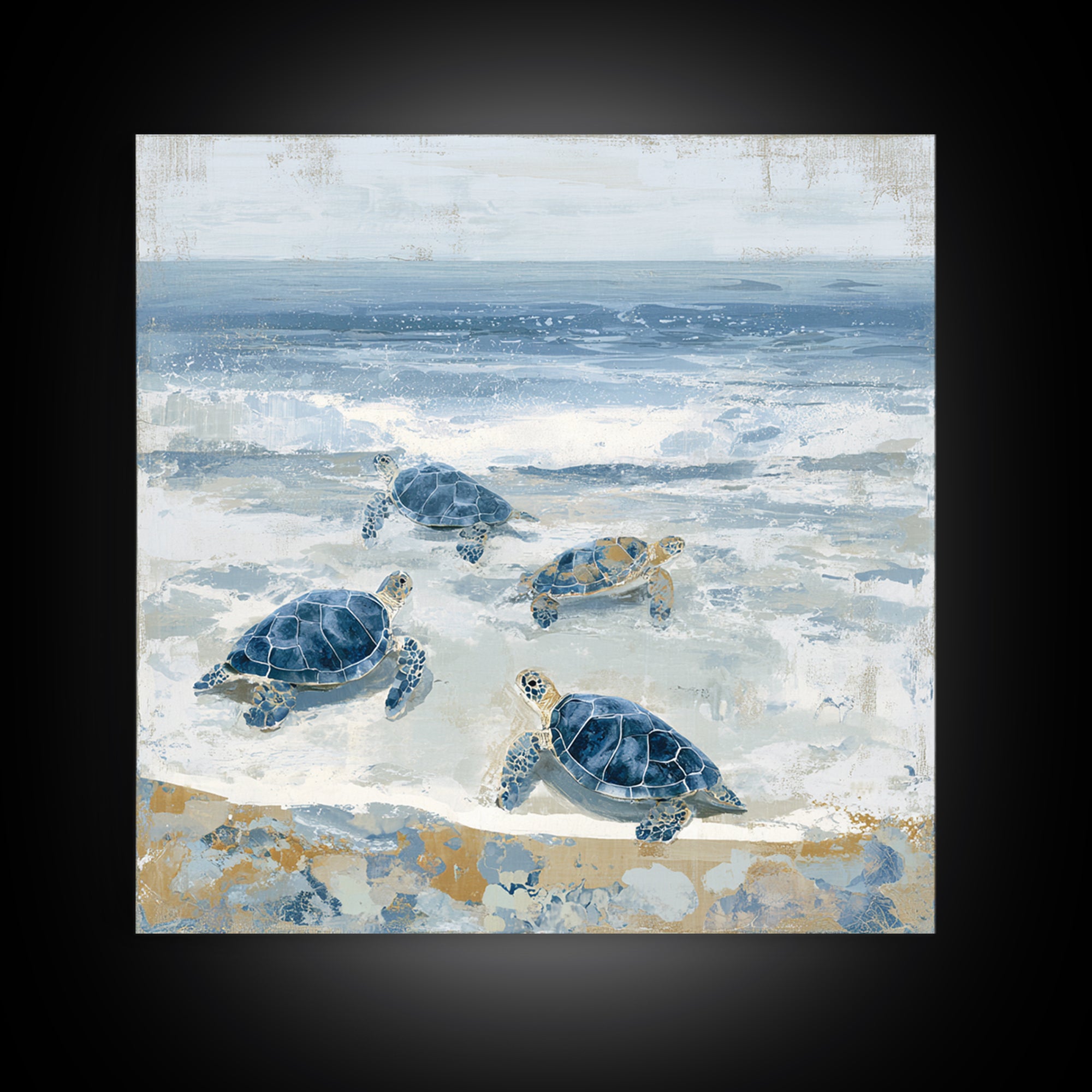 Family of Sea Turtles Crossing Moonlit Sand Framed Canvas Print, Beach Art, Coastal Art, Coastal Decor, Fine Art, Shore, BEA-1x1-38