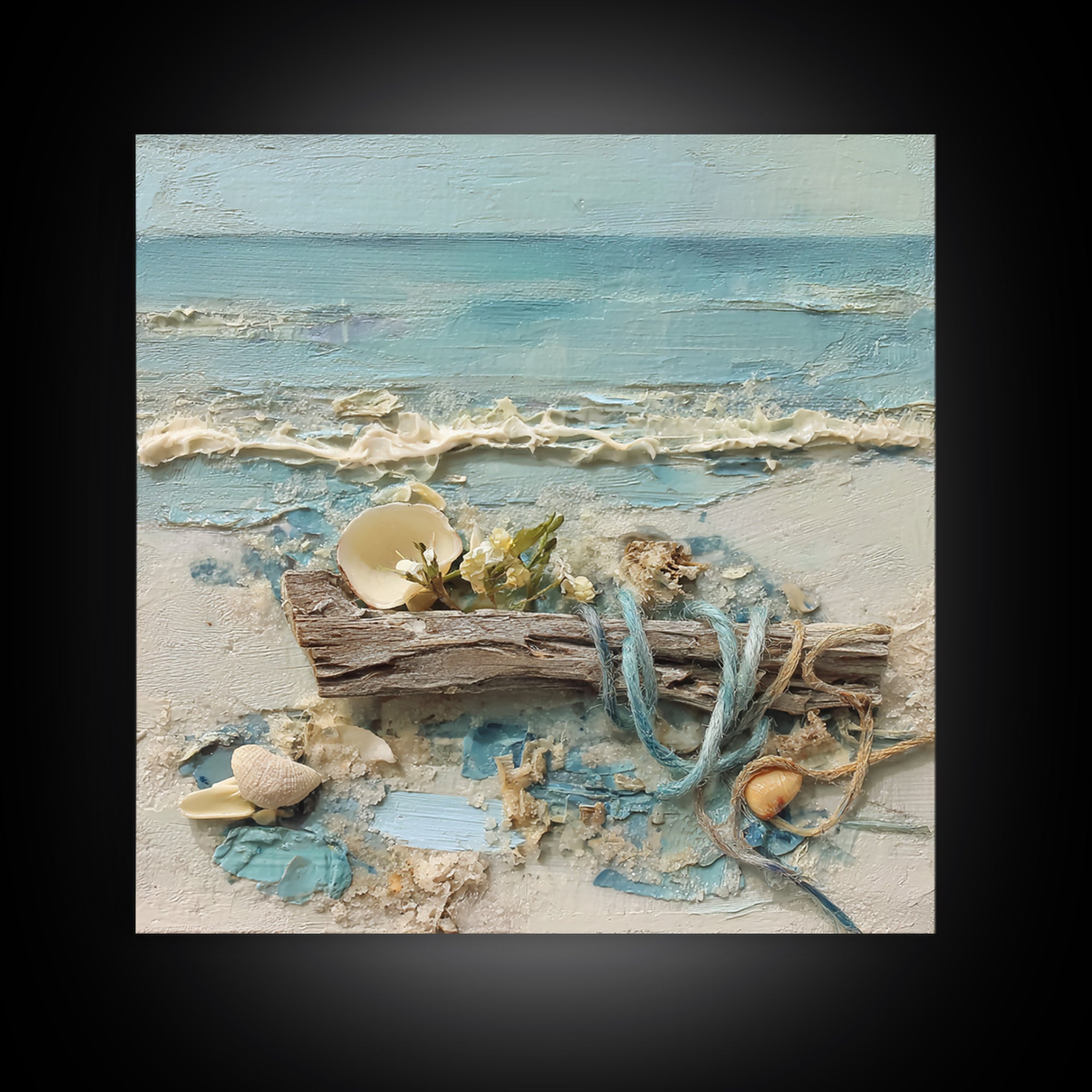 Driftwood and Wildflowers on Sand Framed Canvas Print, Beach Art, Coastal Decor, Oil Painting, Shore, Boho Decor, BEA-1x1-46