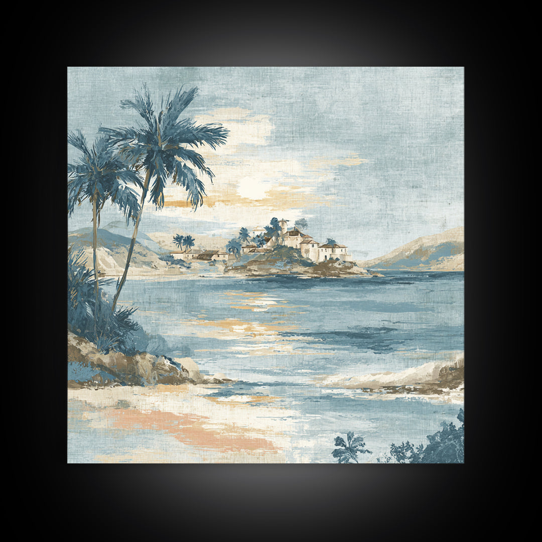 Moonlit Tropical Beach Framed Canvas Print, Beach Art, Art, Coastal Decor, Fine Art, Shore, Abstract Wall Art, Whimsical Decor, BEA-1x1-48