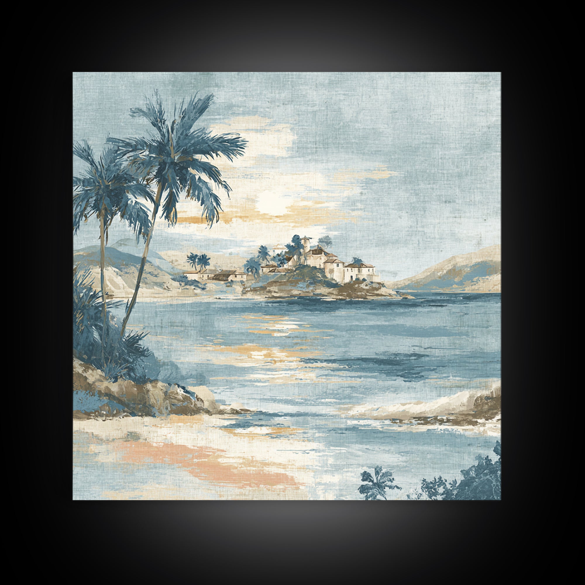 Moonlit Tropical Beach Framed Canvas Print, Beach Art, Art, Coastal Decor, Fine Art, Shore, Abstract Wall Art, Whimsical Decor, BEA-1x1-48