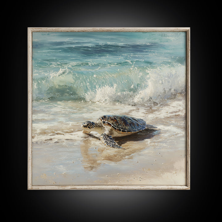 Family of Sea Turtles Crossing Moonlit Sand Framed Canvas Print, Beach Art, Coastal Art, Coastal Decor, Fine Art, Shore, BEA-1x1-62