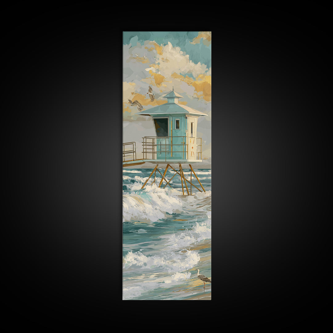 Quiet Lifeguard Tower at Golden Hour Framed Canvas Print, Beach Art, Coastal Decor, Abstract Art, Shore, Printable Art, BEA-1x3-15