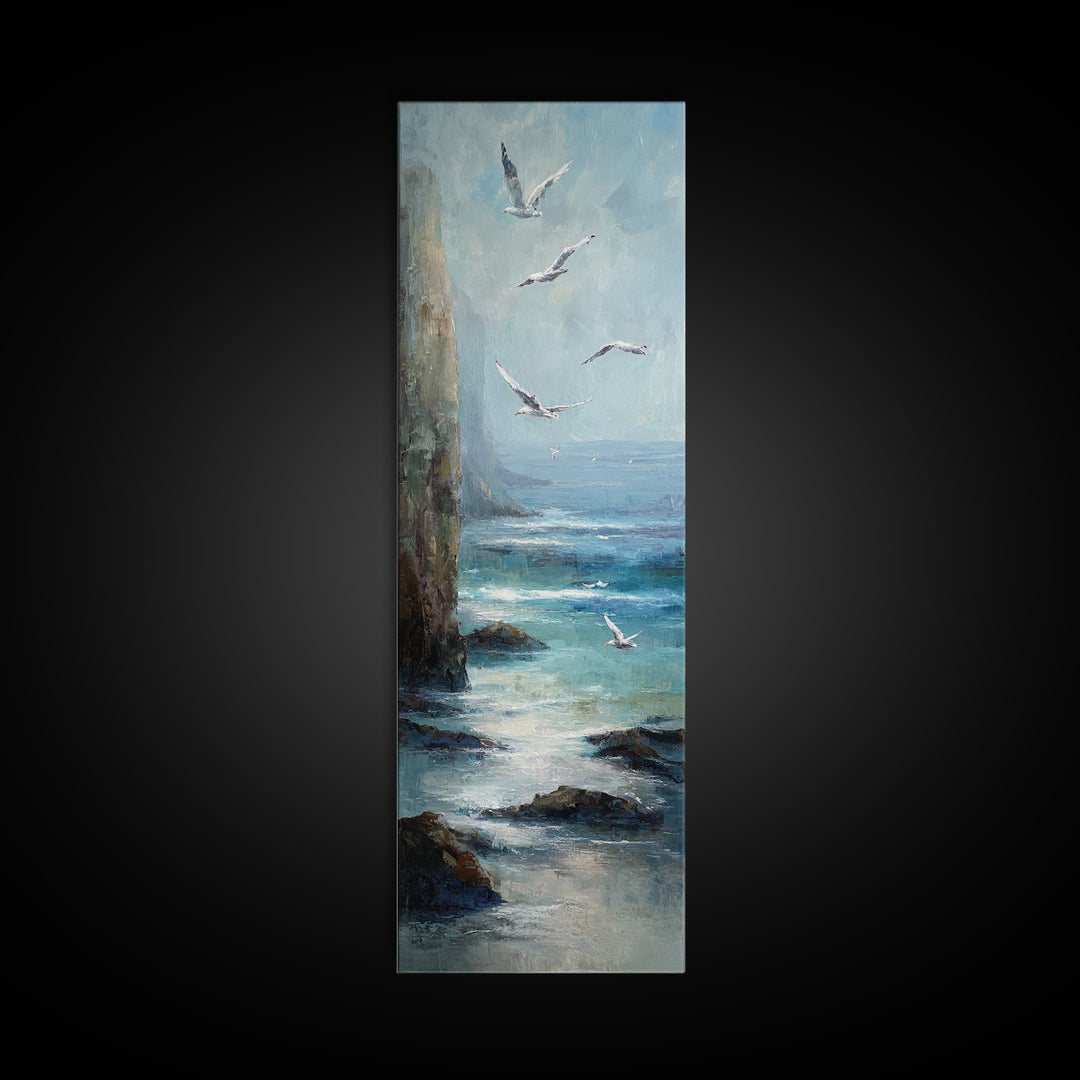 Coastal Cliffs with Gulls and Sea Spray Framed Canvas Print, Beach Art, Digital Wall Art, Coastal Decor, Fine Art, Shore, BEA-1x3-47