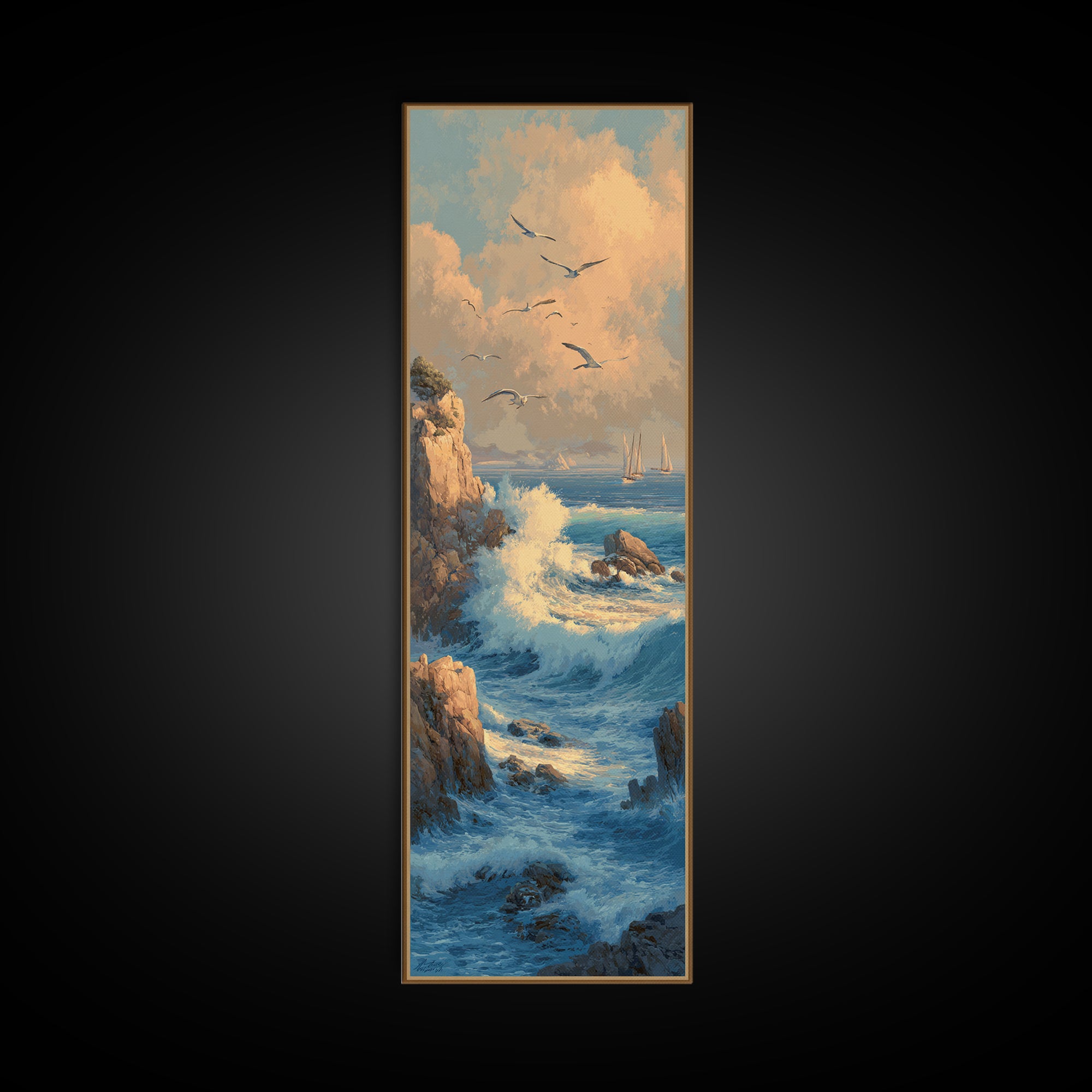 Coastal Cliffs with Gulls and Sea Spray Framed Canvas Print, Beach Art, Nautical Decor, Coastal Decor, Fine Art, Shore, BEA-1x3-71