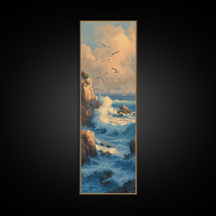 Coastal Cliffs with Gulls and Sea Spray Framed Canvas Print, Beach Art, Nautical Decor, Coastal Decor, Fine Art, Shore, BEA-1x3-71