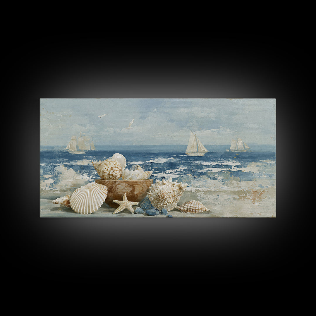 Nautical Rope and Shell Still Life Framed Canvas Print, Beach Art, Minimalist Decor, Coastal Decor, Shore, Original Art, BEA-2x1-13