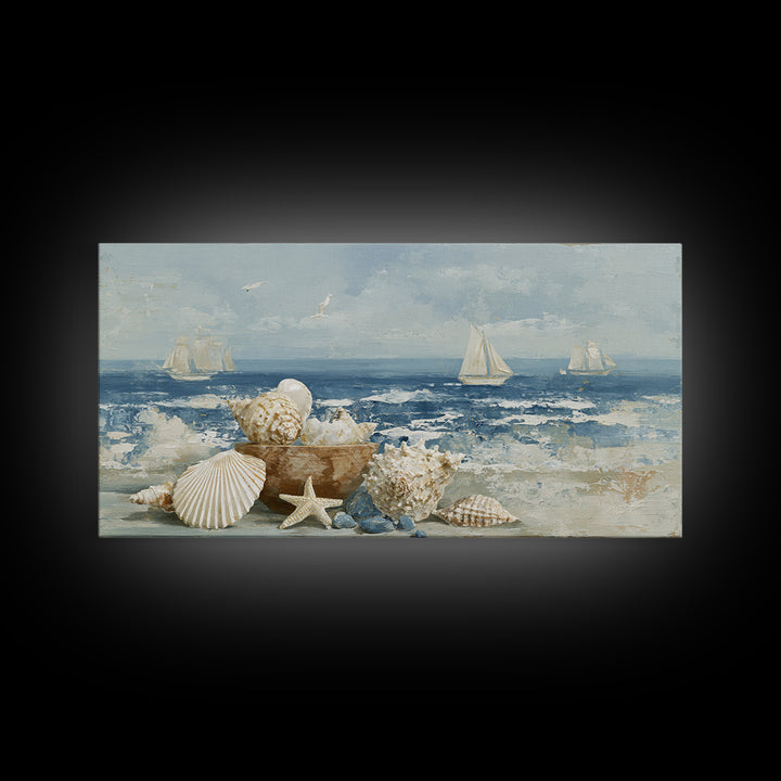 Nautical Rope and Shell Still Life Framed Canvas Print, Beach Art, Minimalist Decor, Coastal Decor, Shore, Original Art, BEA-2x1-13