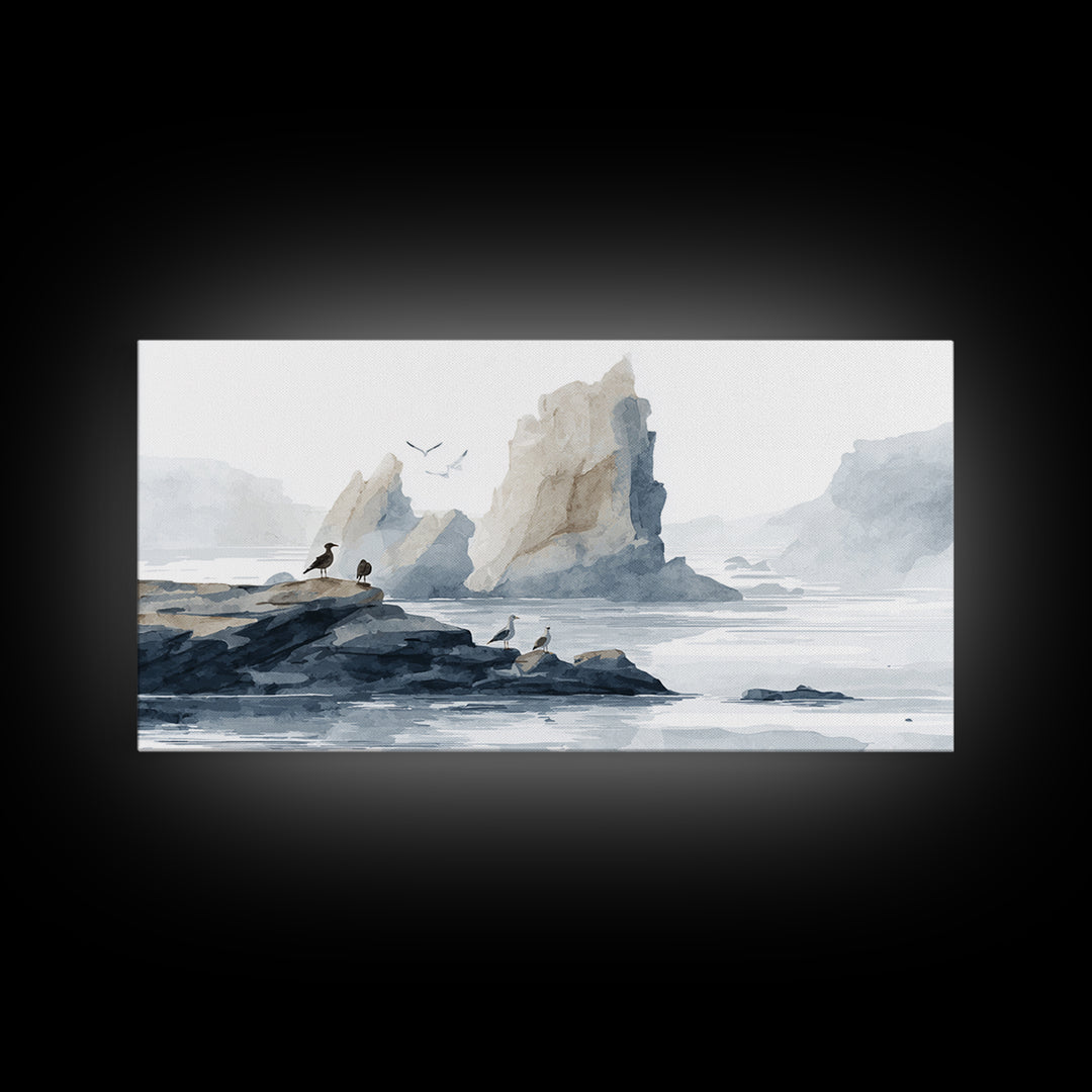 Coastal Cliffs with Gulls and Sea Spray Framed Canvas Print, Beach Art, Art, Coastal Decor, Fine Art, Shore, Abstract Wall Art, BEA-2x1-7