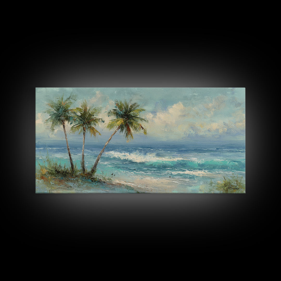 Tropical Palms Leaning Framed Canvas Print, Beach Art, Boho Decor, Coastal Decor, Fine Art, Shore, Art Prints, Digital Art, BEA-2x1-75