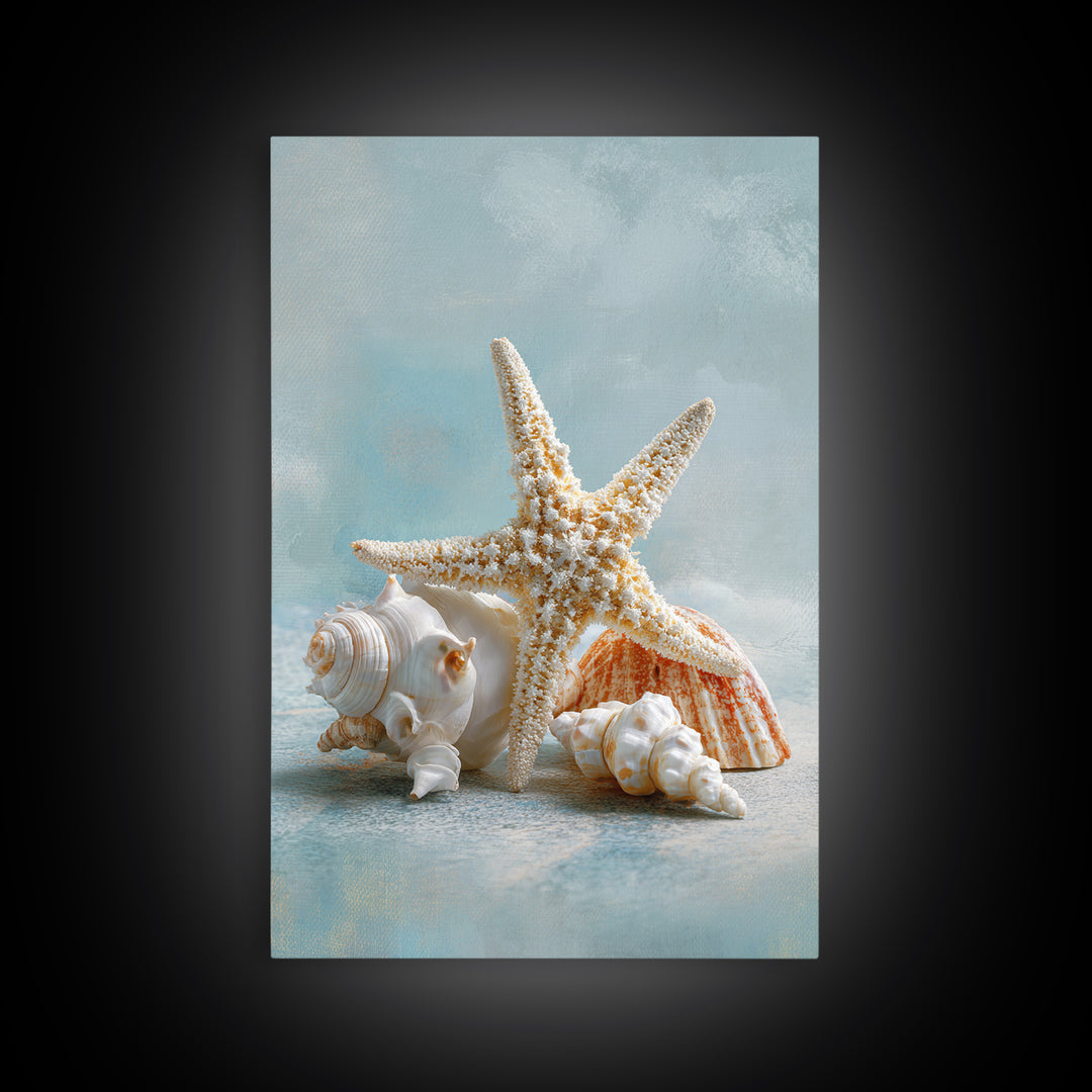 Sun Bleached Starfish and Shells Still Life Framed Canvas Print, Beach Art, Coastal Decor, Oil Painting, Shore, BEA-2x3-21