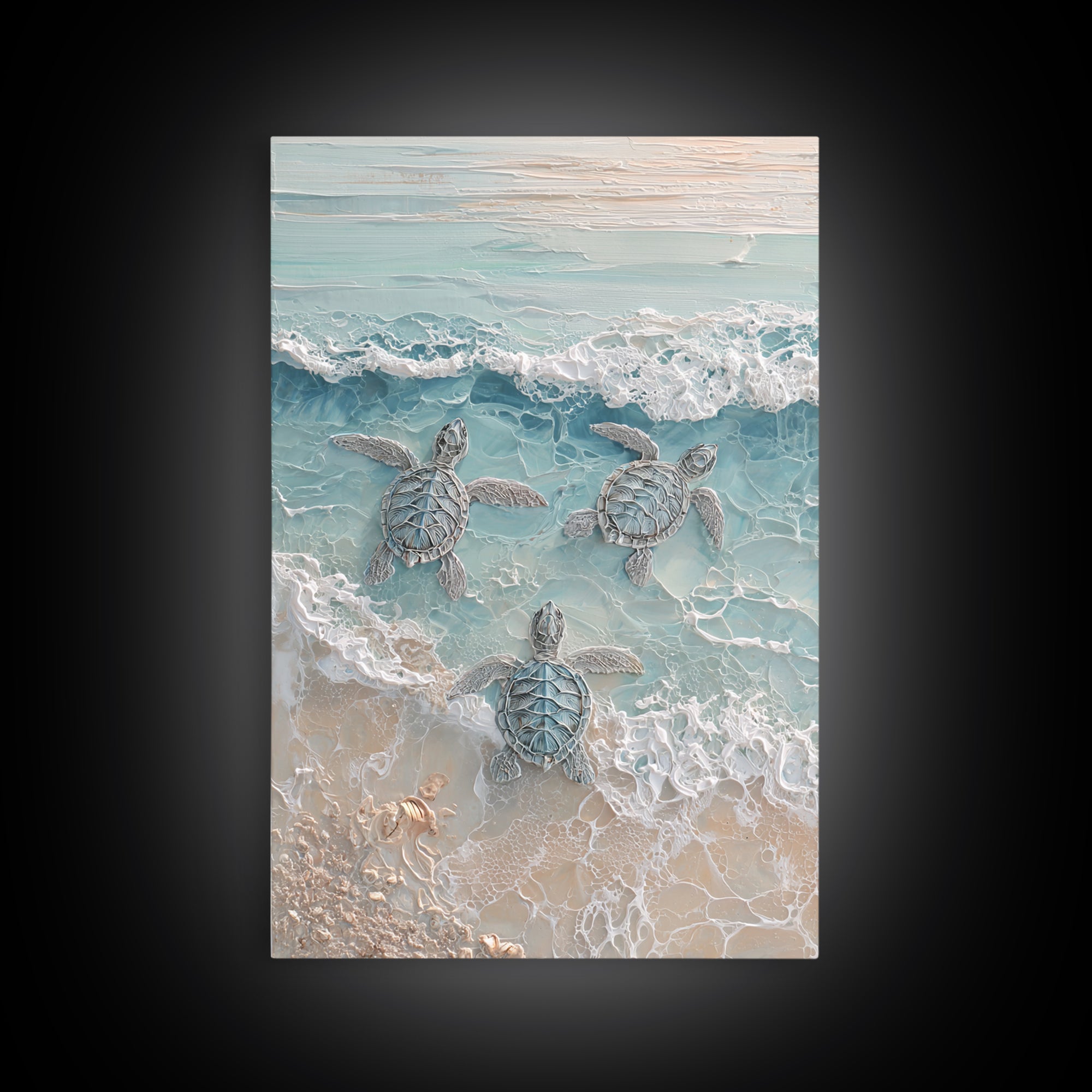 Family of Sea Turtles Crossing Moonlit Sand Framed Canvas Print, Beach Art, Textured Painting, Coastal Decor, Fine Art, Shore, BEA-2x3-22