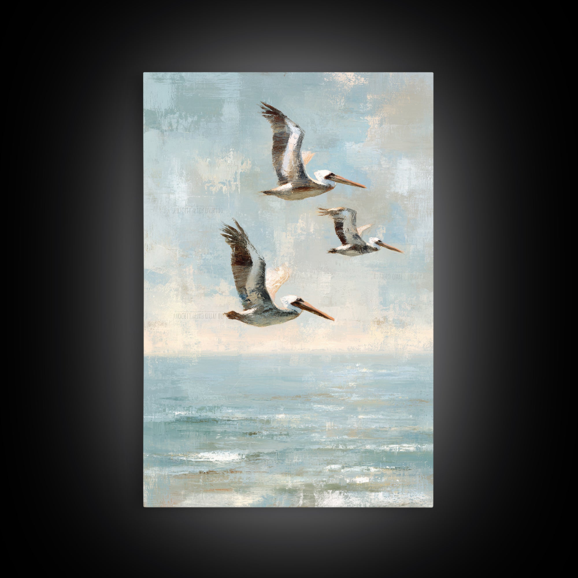 Pelicans Flying Low Framed Canvas Print, Beach Art, Beach Print, Coastal Decor, Fine Art, Shore, Textured Painting, BEA-2x3-3