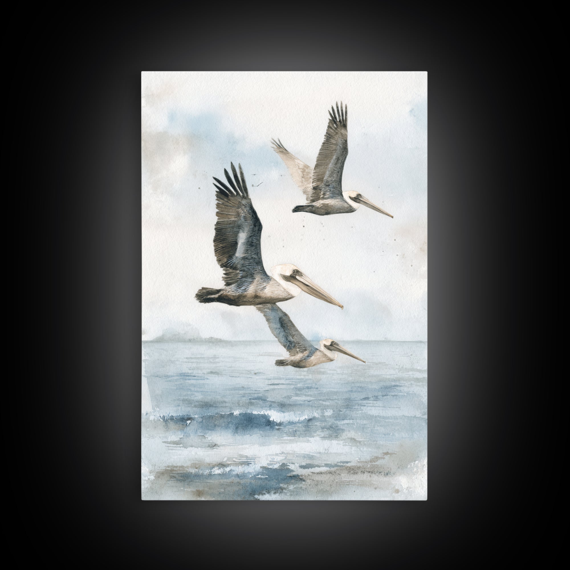 Pelicans Flying Low Framed Canvas Print, Beach Art, Room Decor, Coastal Decor, Oil Painting, Shore, Original Painting, BEA-2x3-51