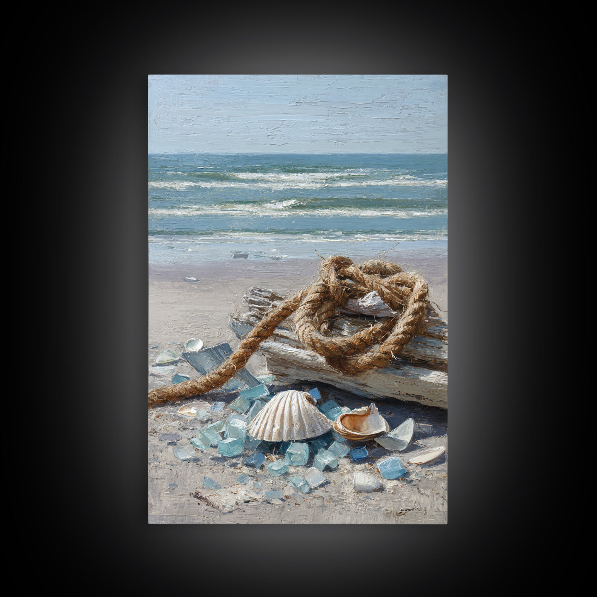 Nautical Rope and Shell Still Life Framed Canvas Print, Beach Art, Original Art, Coastal Decor, Fine Art, Shore, Beach Decor, BEA-2x3-97