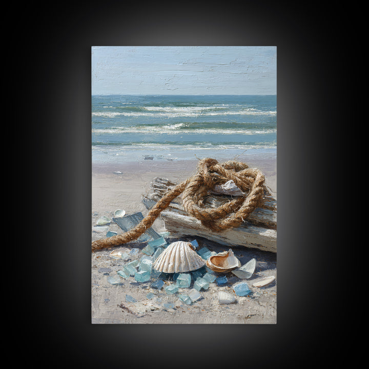 Nautical Rope and Shell Still Life Framed Canvas Print, Beach Art, Original Art, Coastal Decor, Fine Art, Shore, Beach Decor, BEA-2x3-97