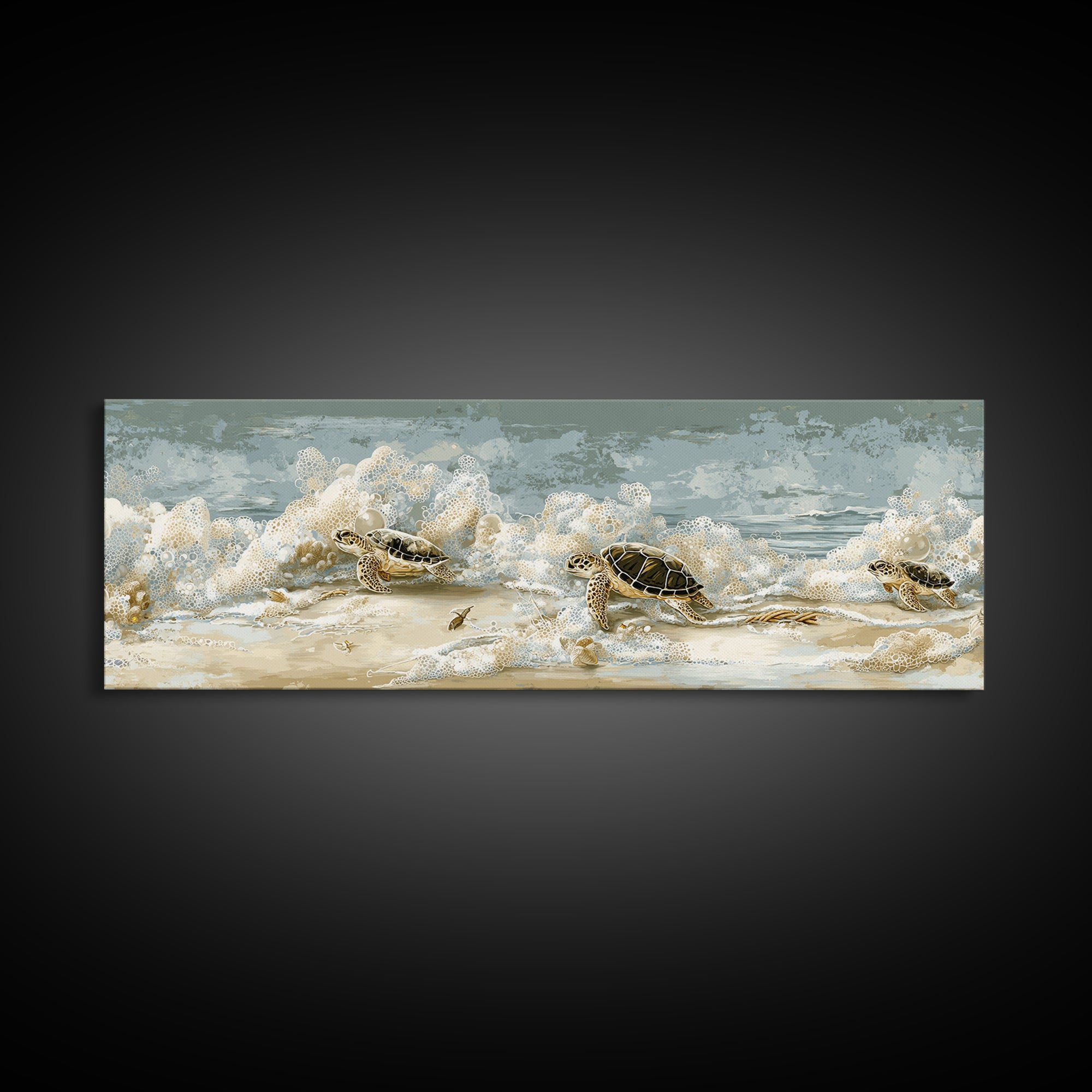 Family of Sea Turtles Crossing Moonlit Sand Canvas Print, Beach Art, Wall Art, Coastal Decor, Fine Art, Shore, Abstract Art, BEA-3x1-30