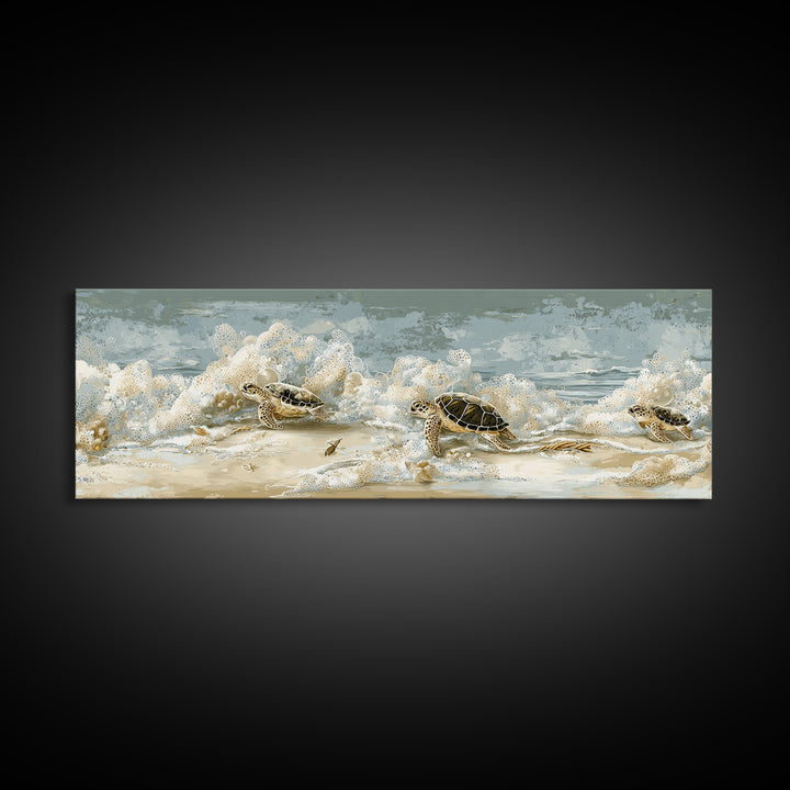 Family of Sea Turtles Crossing Moonlit Sand Canvas Print, Beach Art, Wall Art, Coastal Decor, Fine Art, Shore, Abstract Art, BEA-3x1-30