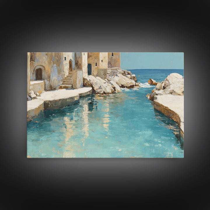 Mediterranean Cove with Clear Water Framed Canvas Print, Beach Art, Whimsical Decor, Coastal Decor, Shore, Beach Print, BEA-3x2-24