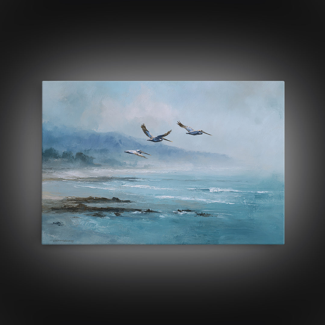 Pelicans Flying Low Framed Canvas Print, Beach Art, Room Decor, Coastal Decor, Oil Painting, Shore, Original Painting, BEA-3x2-47