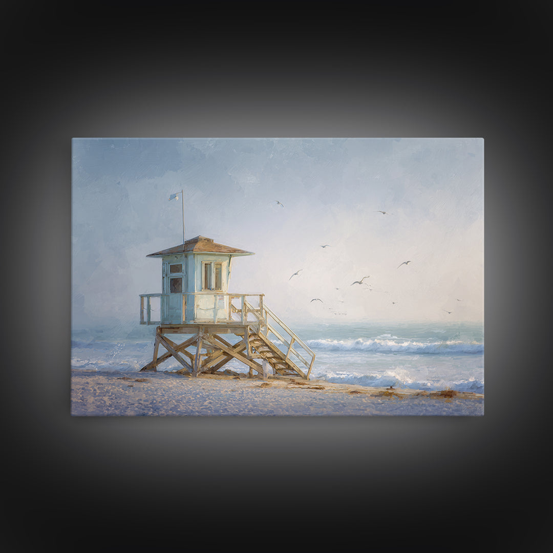 Quiet Lifeguard Tower at Golden Hour Framed Canvas Print, Beach Art, Coastal Decor, Oil Painting, Shore, Whimsical Decor, BEA-3x2-55