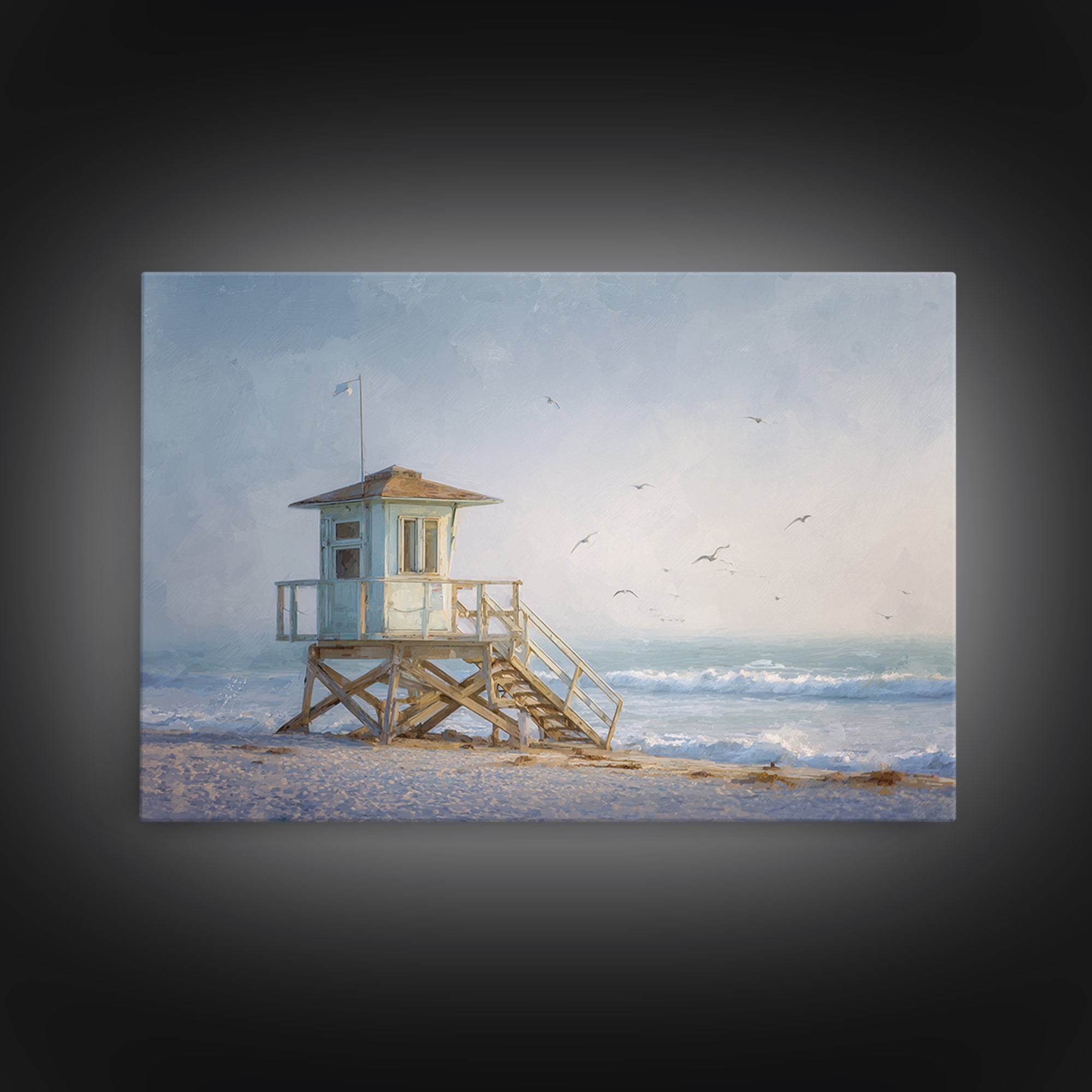 Quiet Lifeguard Tower at Golden Hour Framed Canvas Print, Beach Art, Coastal Decor, Oil Painting, Shore, Whimsical Decor, BEA-3x2-55