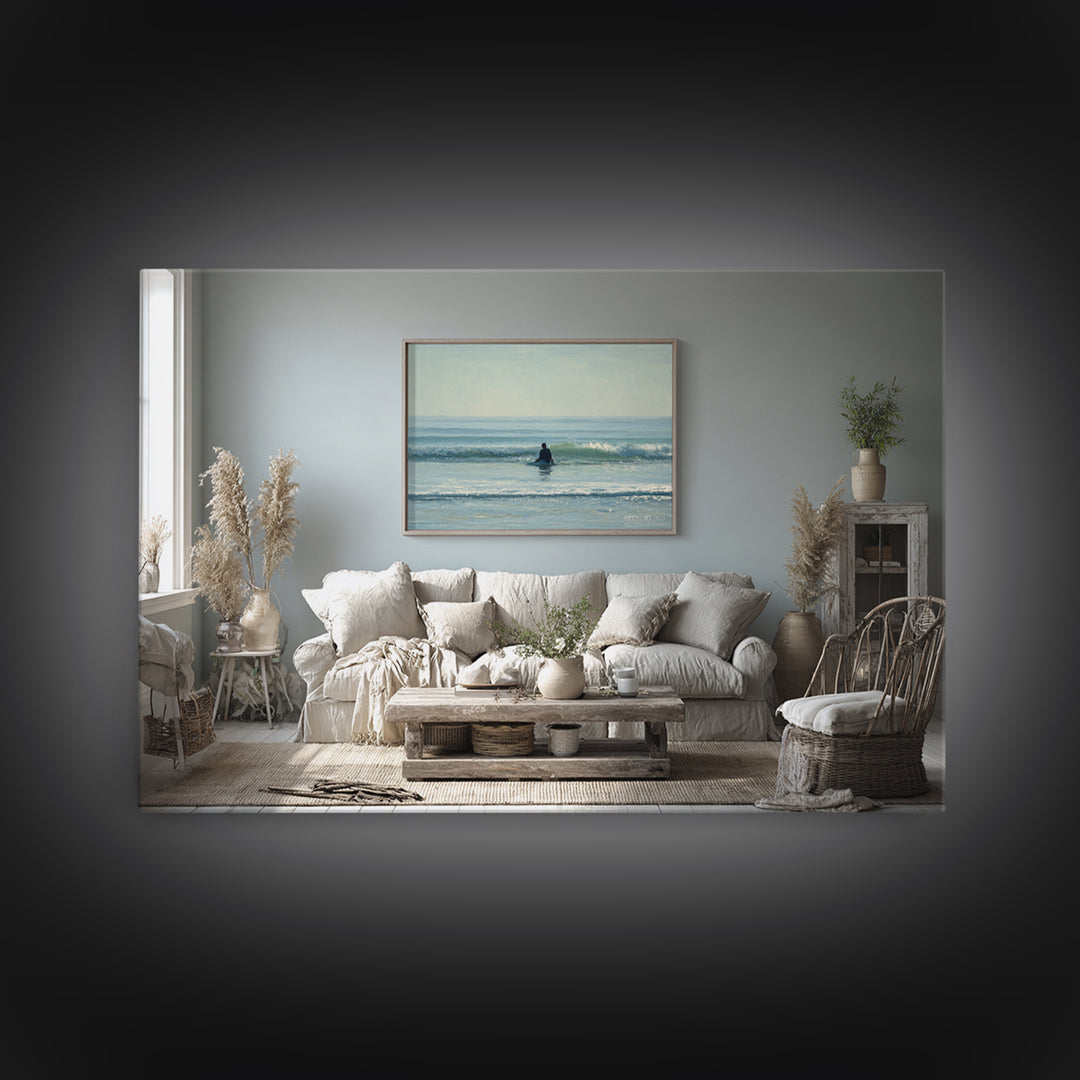 Surfer Silhouette Riding a Glassy Wave Framed Canvas Print, Beach Art, Art, Coastal Decor, Oil Painting, Shore, BEA-3x2-91