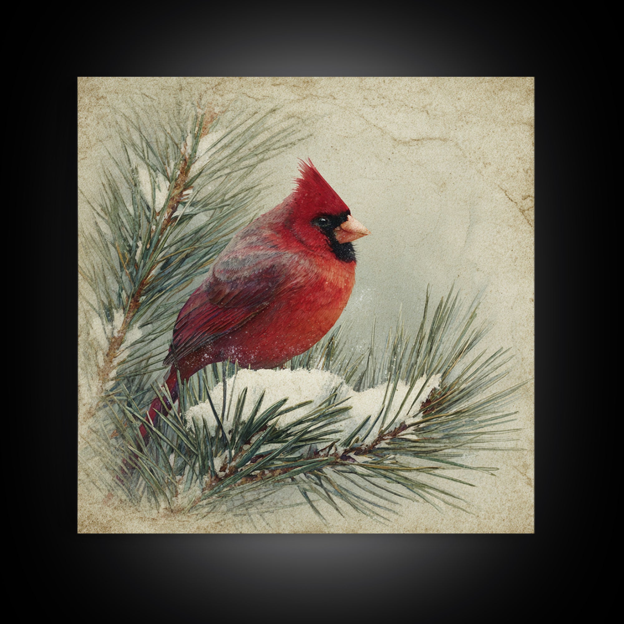 Red Cardinal on Snowy Pine Branch Framed Canvas Print, Bird Art, Nature Wall Art, Living Room Decor, Watercolor Art, Flight, BIR-1x1-1