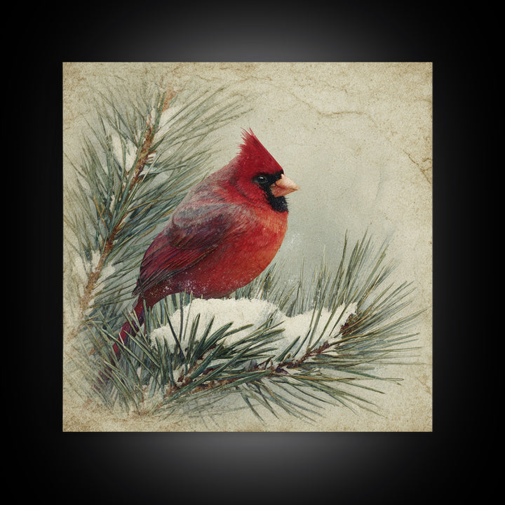 Red Cardinal on Snowy Pine Branch Framed Canvas Print, Bird Art, Nature Wall Art, Living Room Decor, Watercolor Art, Flight, BIR-1x1-1