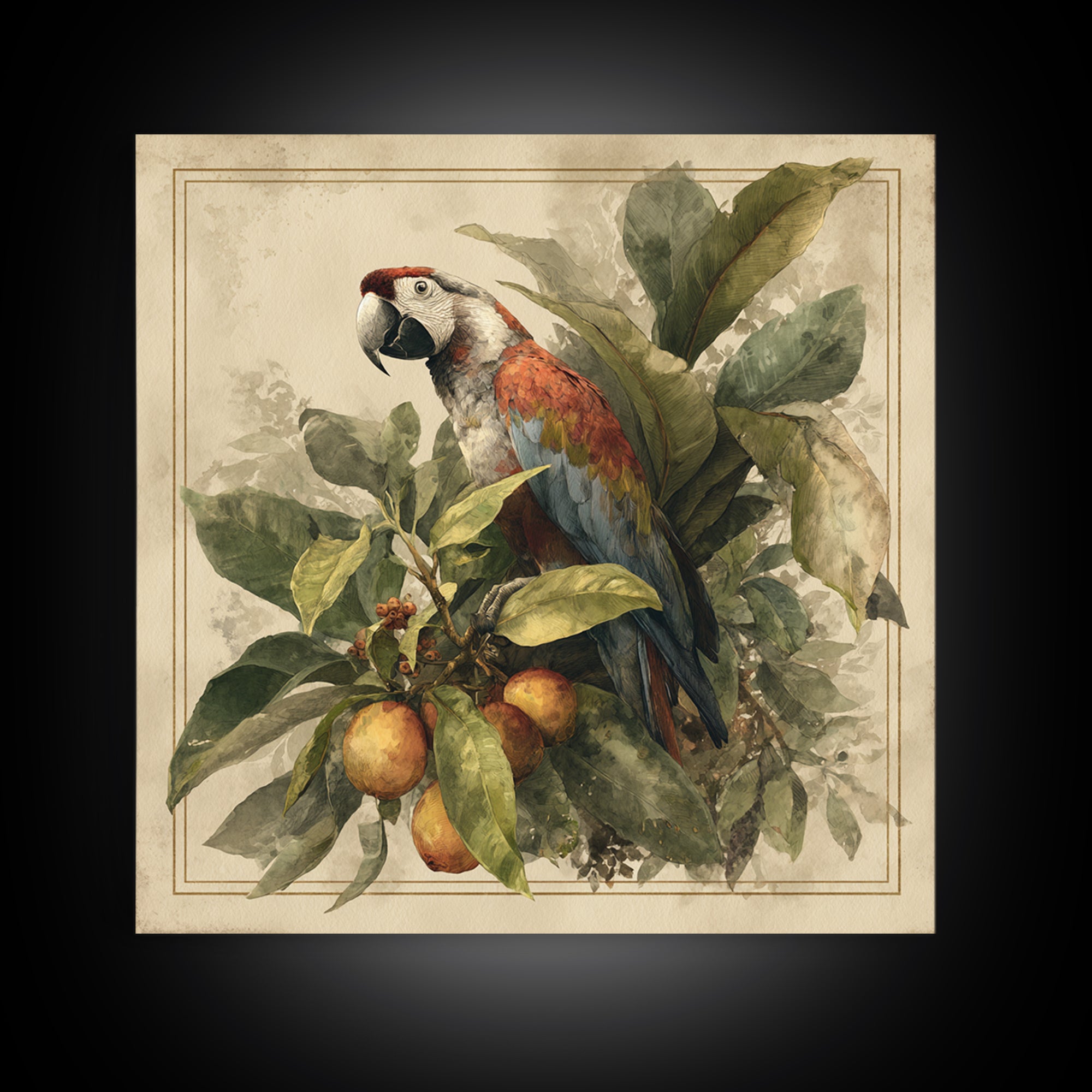 Parrot Among Tropical Leaves and Fruit Canvas Print, Bird Art, Living Room Art, Living Room Decor, Watercolor Art, Flight, BIR-1x1-13