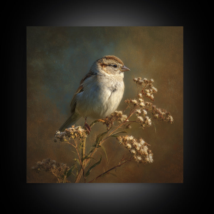 Small Sparrow on Wildflower Stem Canvas Print, Bird Art, Mid Century Wall Art, Living Room Decor, Flight, Fine Art Print, BIR-1x1-14