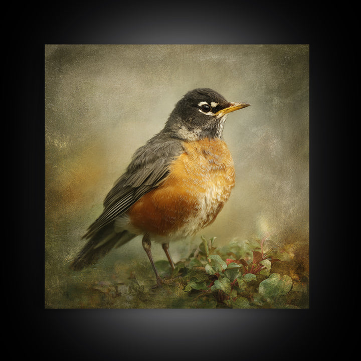 Robin in a Spring Garden with Soft Canvas Print, Bird Art, Japanese Wall Art, Living Room Decor, Watercolor Art, Flight, BIR-1x1-15