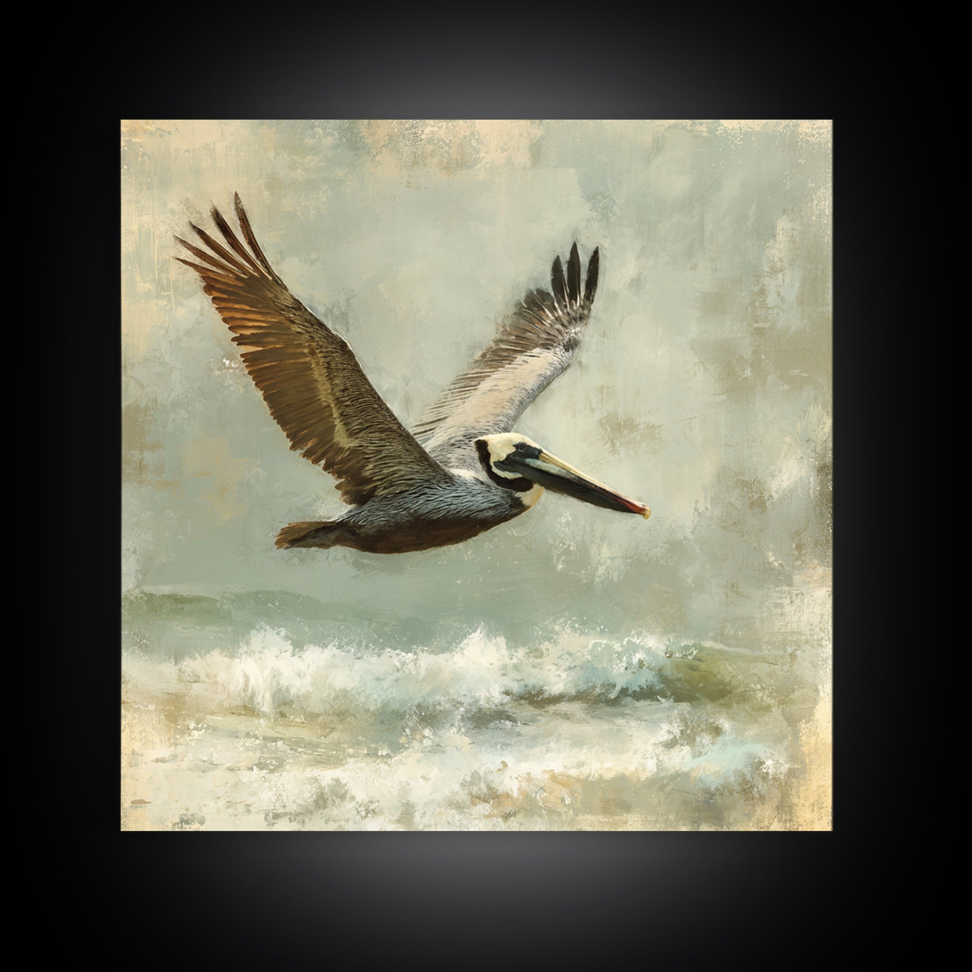 Pelican Flying over Coastal Waves Canvas Print, Bird Art, Modern Art, Living Room Decor, Fine Art, Flight, Floral Art, BIR-1x1-18