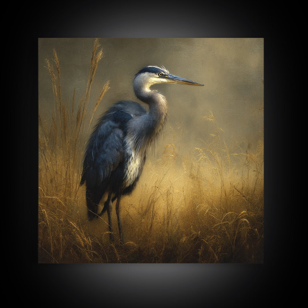 Blue Heron in Misty Marsh Grass Framed Canvas Print, Bird Art, Gallery Wall, Living Room Decor, Fine Art, Flight, Gallery Decor, BIR-1x1-2