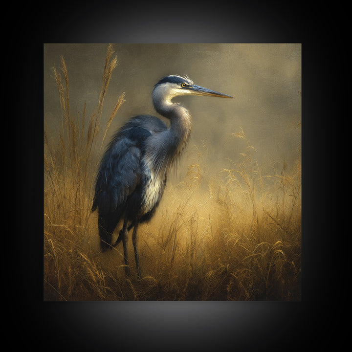 Blue Heron in Misty Marsh Grass Framed Canvas Print, Bird Art, Gallery Wall, Living Room Decor, Fine Art, Flight, Gallery Decor, BIR-1x1-2