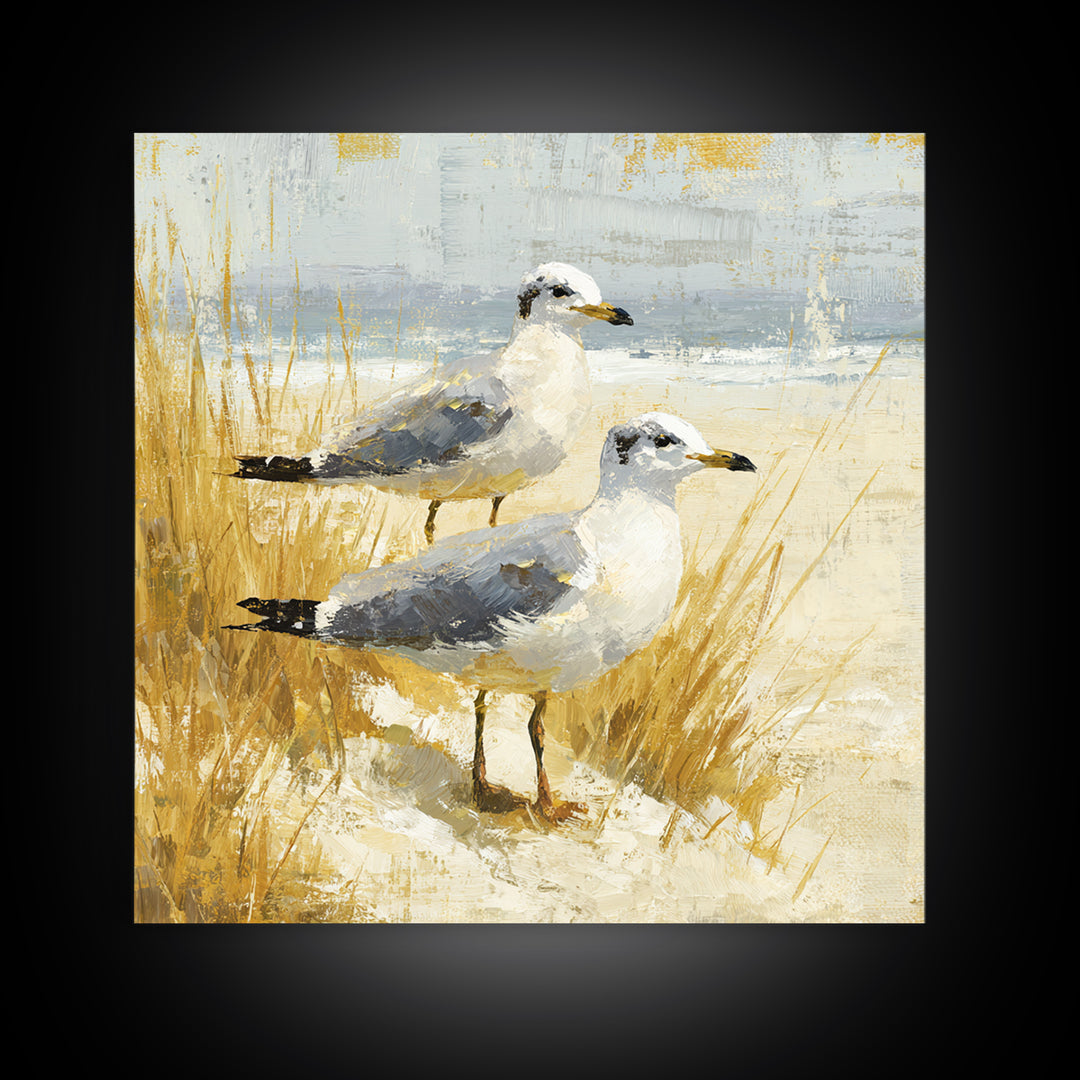 Seagulls Above a Pale Beach Horizon Canvas Print, Bird Art, Mid Century Modern, Living Room Decor, Flight, Botanical Wall Art, BIR-1x1-20