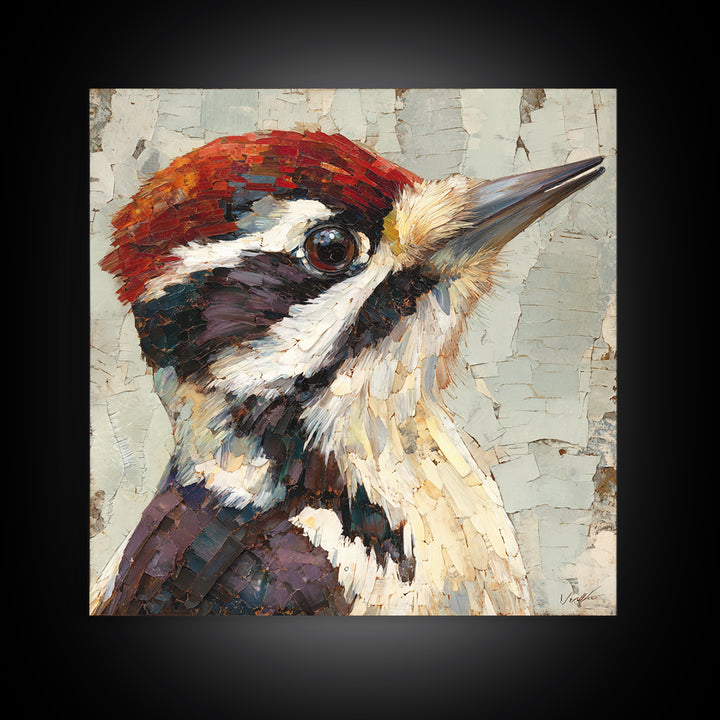 Woodpecker on Birch Bark Texture Framed Canvas Print, Bird Art, Bird Wall Art, Living Room Decor, Fine Art, Flight, Art Print, BIR-1x1-21