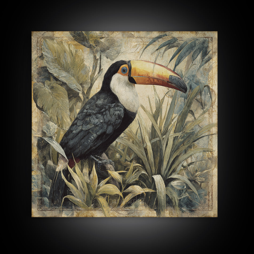 Toucan Framed by Bold Jungle Foliage Canvas Print, Bird Art, Printable Art, Living Room Decor, Flight, Mid Century Wall Art, BIR-1x1-23