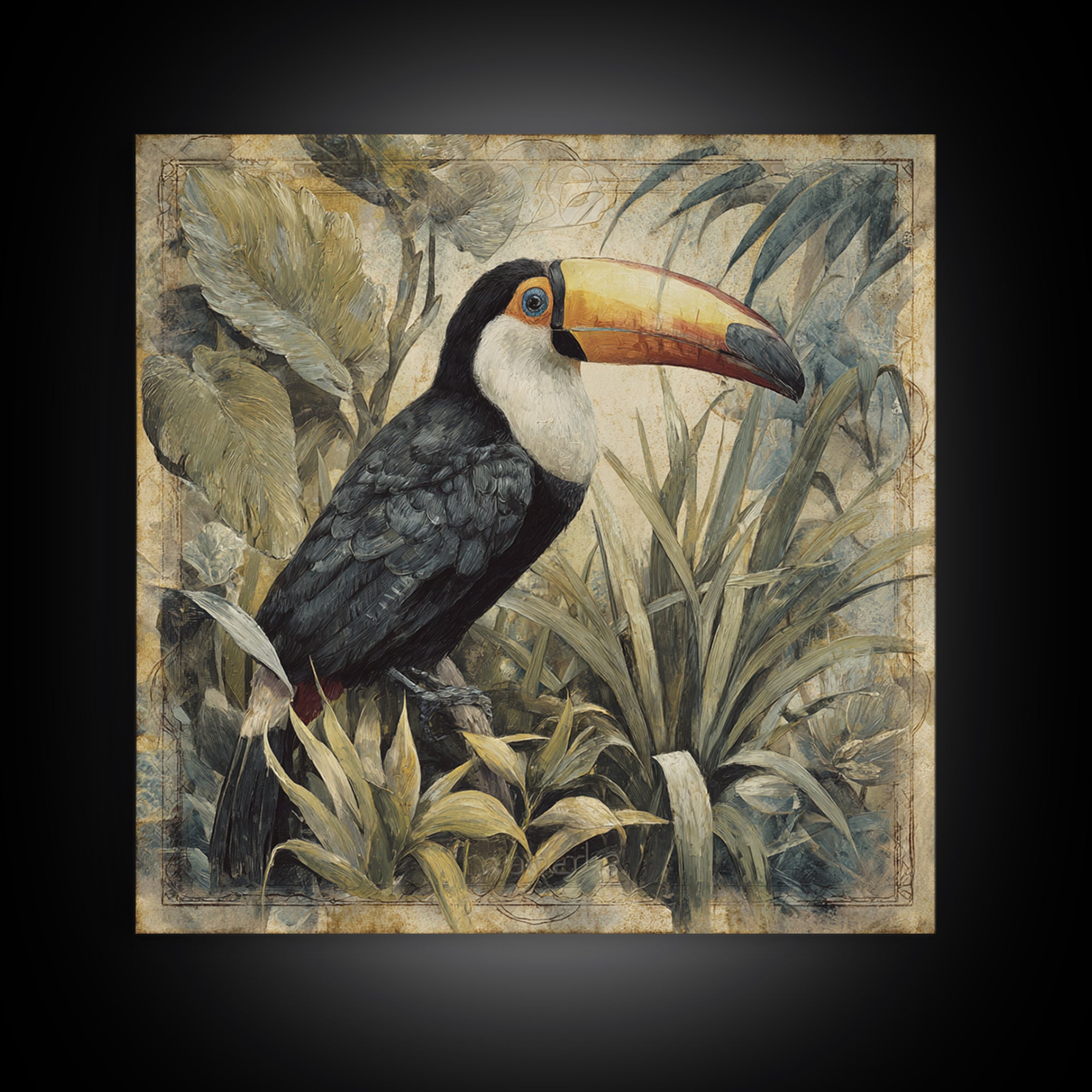 Toucan Framed by Bold Jungle Foliage Canvas Print, Bird Art, Printable Art, Living Room Decor, Flight, Mid Century Wall Art, BIR-1x1-23