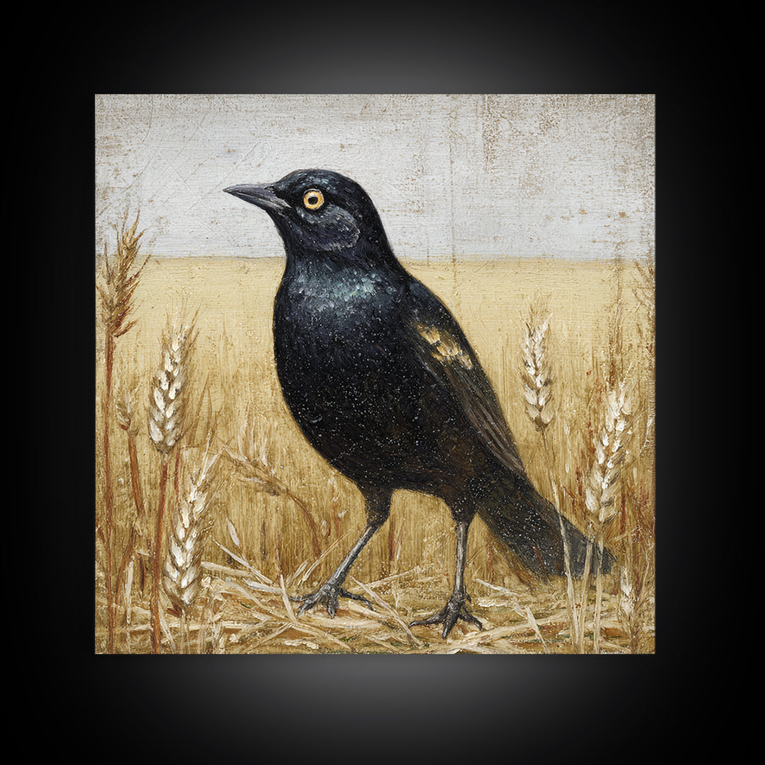 Blackbird on Gold Wheat Field Framed Canvas Print, Bird Art, Nature Prints, Living Room Decor, Watercolor Art, Flight, BIR-1x1-24