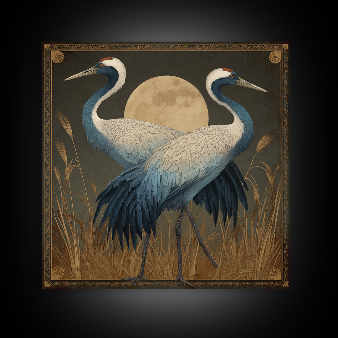 Pair of Cranes Dancing Framed Canvas Print, Bird Art, Living Room Decor, Fine Art, Flight, Rustic Home Decor, Floral Art, BIR-1x1-27