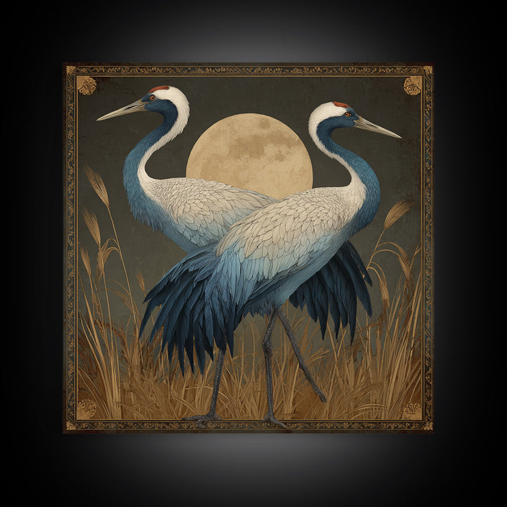 Pair of Cranes Dancing Framed Canvas Print, Bird Art, Living Room Decor, Fine Art, Flight, Rustic Home Decor, Floral Art, BIR-1x1-27