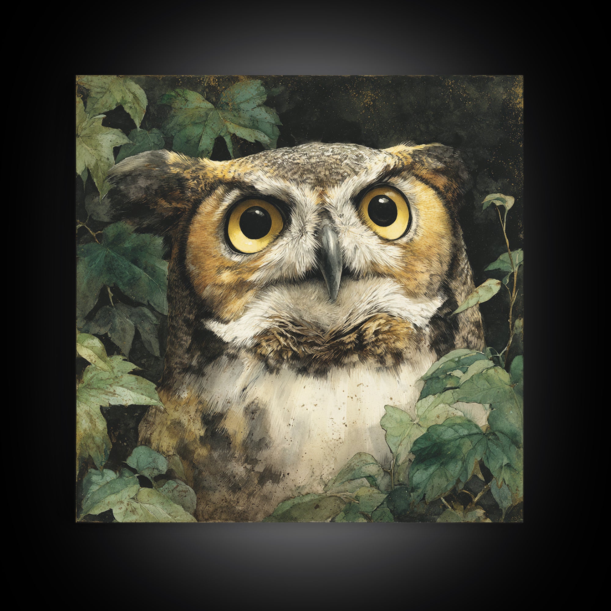 Owl Portrait with Wise Golden Eyes Framed Canvas Print, Bird Art, Fine Art Print, Living Room Decor, Fine Art, Flight, BIR-1x1-29