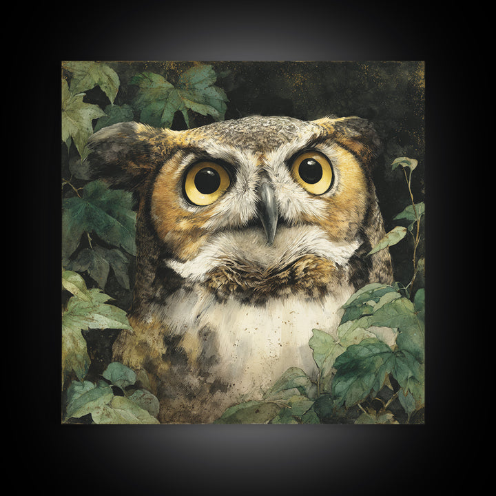 Owl Portrait with Wise Golden Eyes Framed Canvas Print, Bird Art, Fine Art Print, Living Room Decor, Fine Art, Flight, BIR-1x1-29