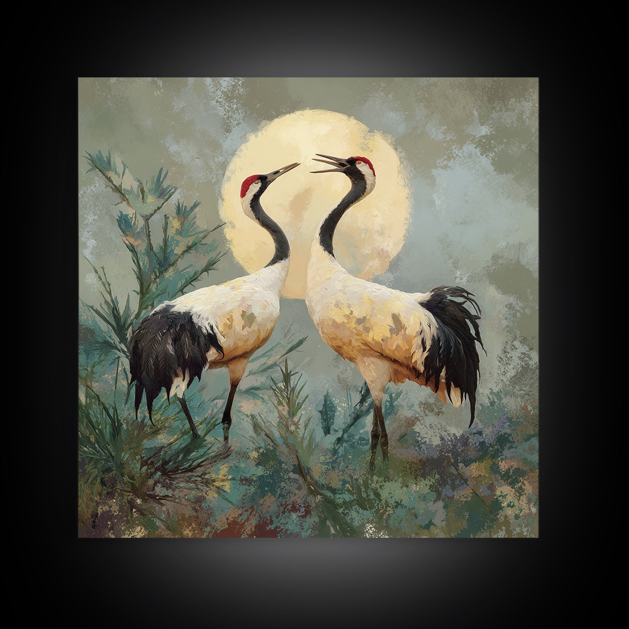 Pair of Cranes Dancing Canvas Print, Bird Art, Farmhouse Decor, Living Room Decor, Abstract Art, Flight, Digital Download Art, BIR-1x1-3